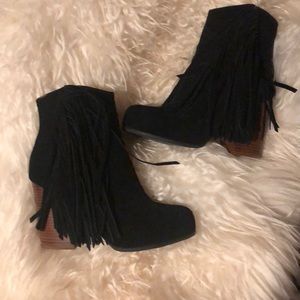 Jeffrey Campbell black suede fringe booty